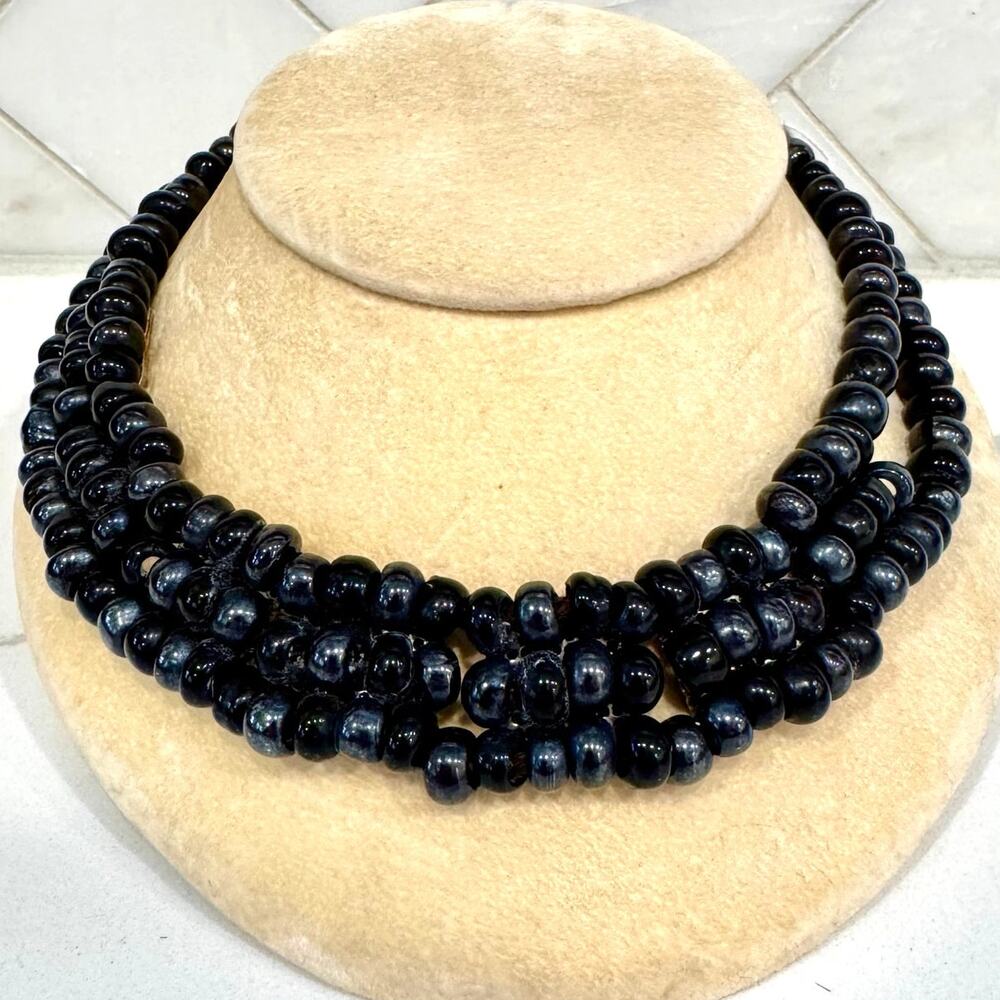 Vintage 1950s European Couture Glass Bead Bib Necklace Mid Century Leather